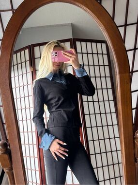 Black Layered-Look Sweater with Blue Shirt Details
